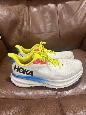 Hoka  Clifton White and Neon Yellow Mens Sneakers